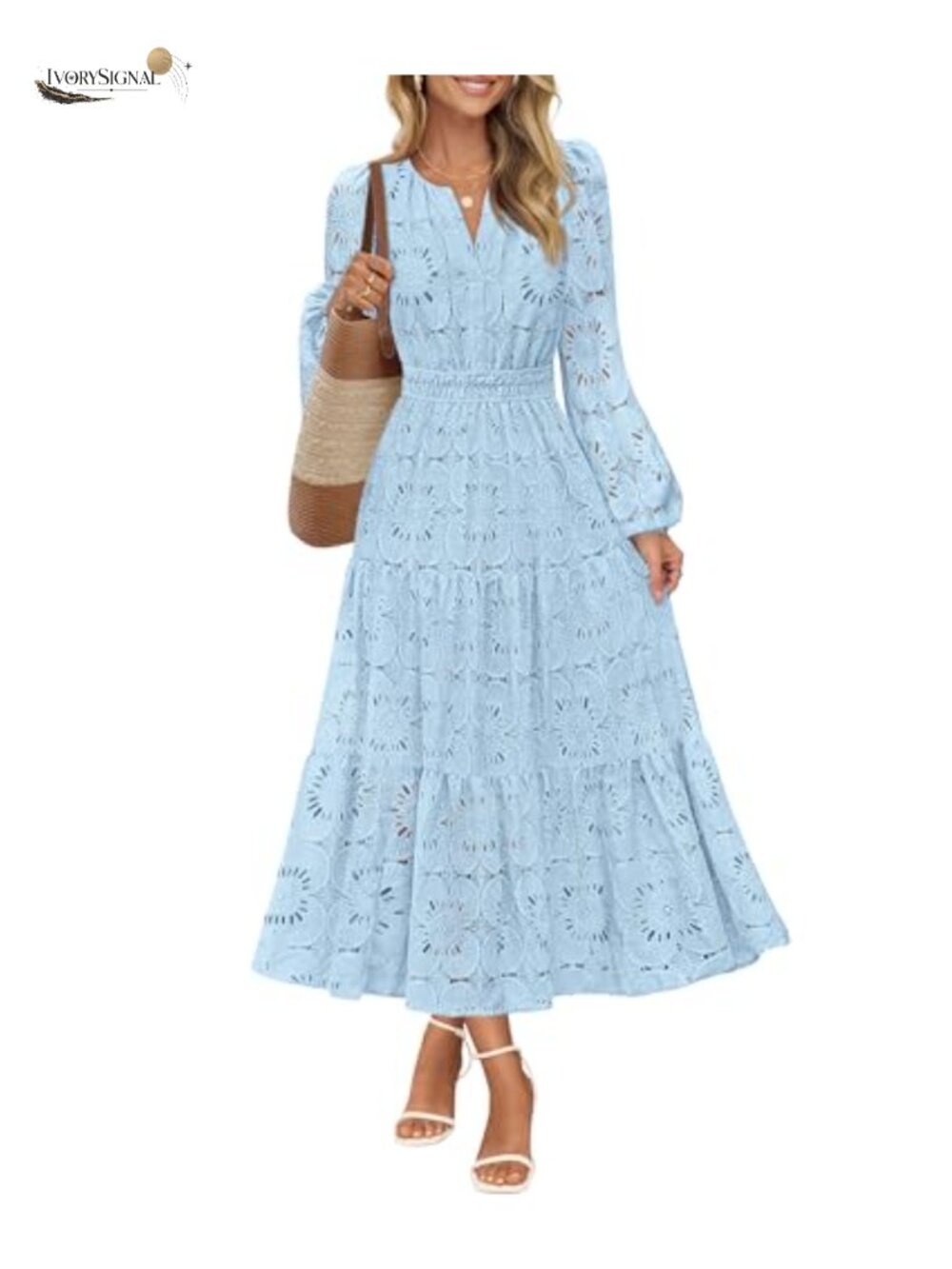 Eyelet Lace Floral Maxi Dress Long Sleeve Puff Sleeve A-Line